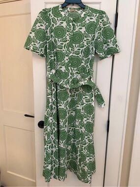 NWOT BODEN BELTED COTTON DRESS GREEN AND WHITE FLORAL SIZE 14